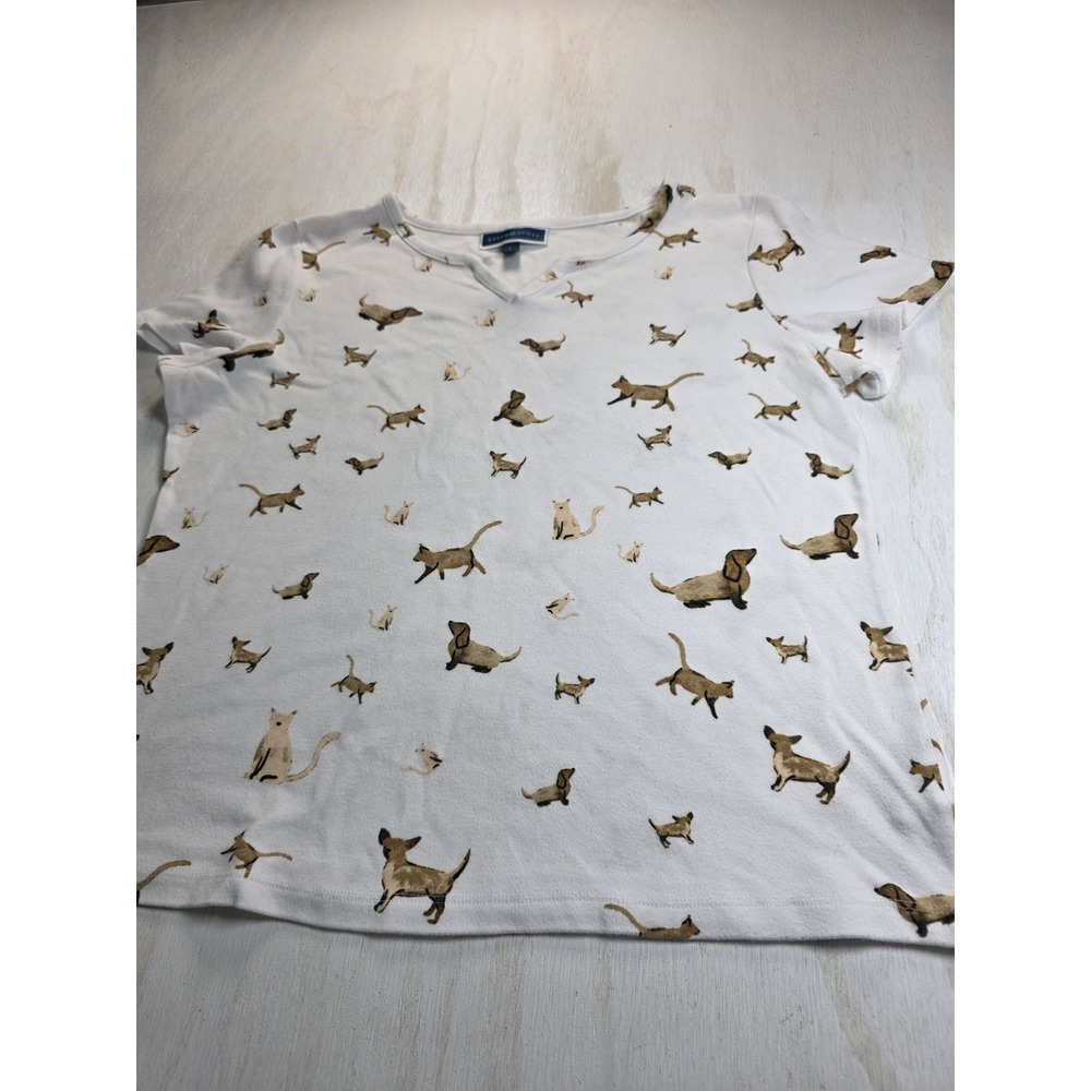 Karen Scott Womens White Dog Cat Print Split V-Neck T-Shirt Large Cottagecore